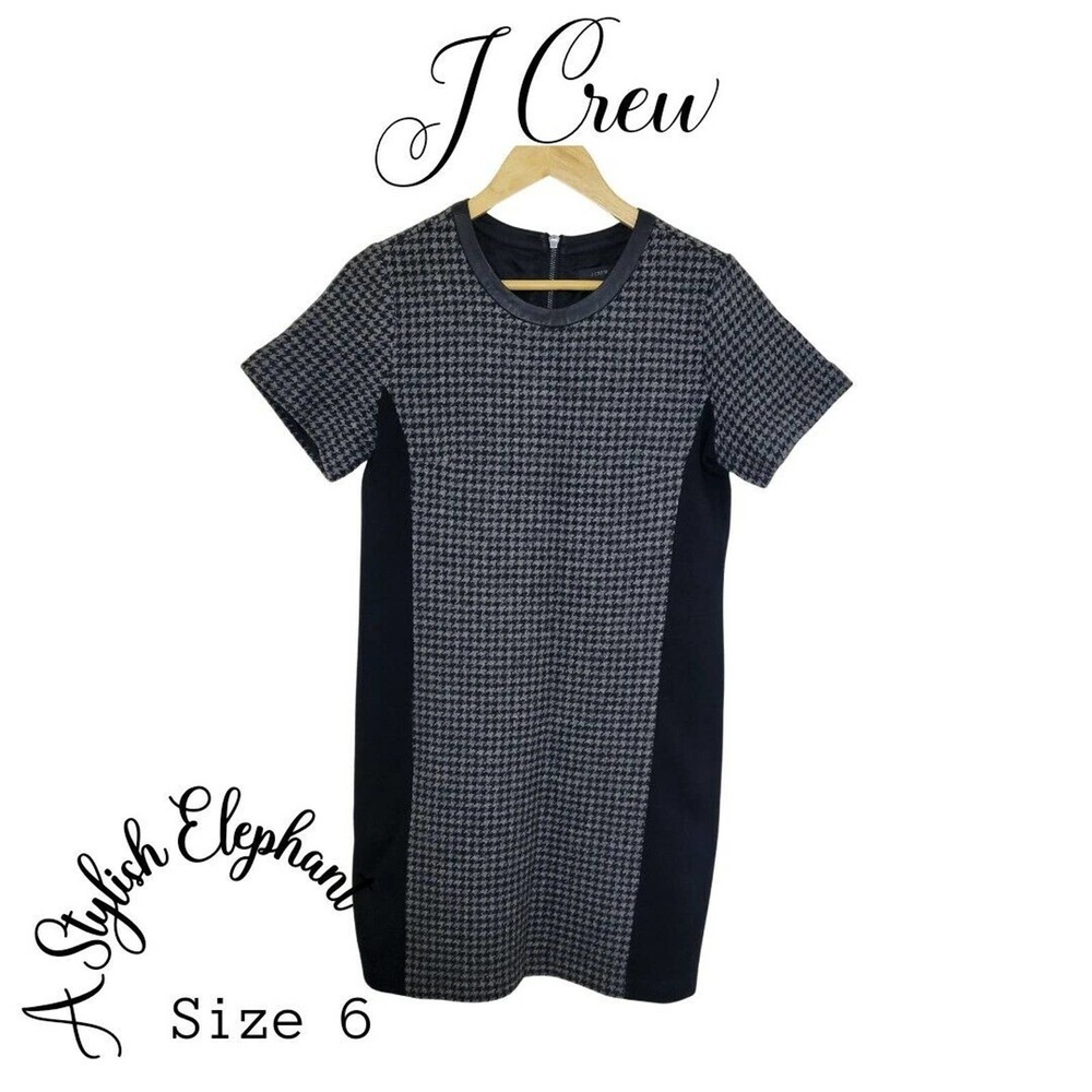 J Crew Wool Black And Gray Houndstooth Career Dress Size 6 Exposed Zipper